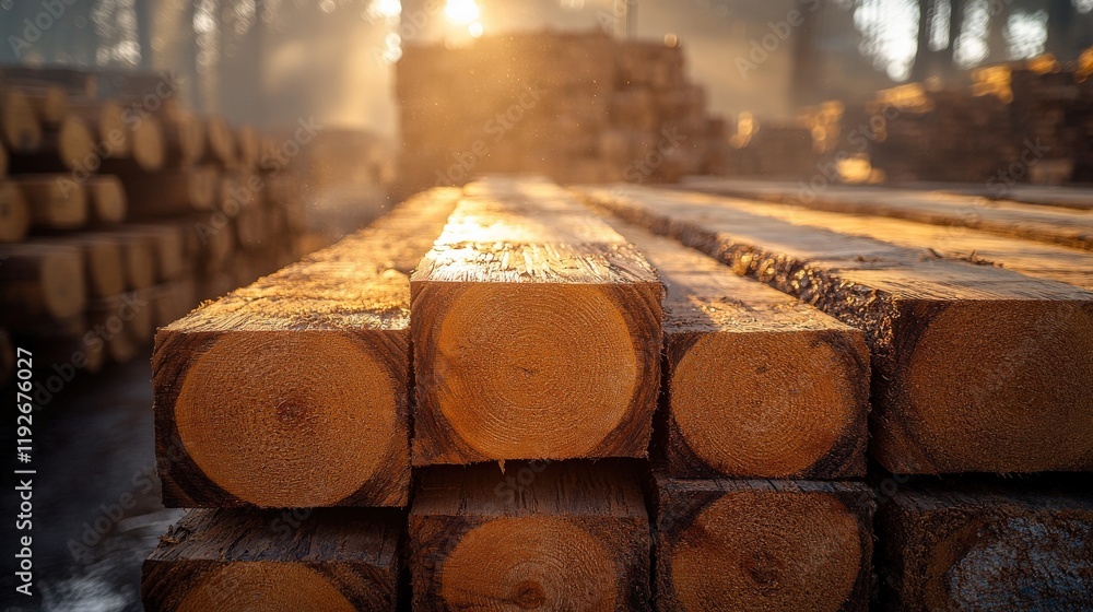 Poster sunlight streaming through forest with stacked logs on a misty morning, highlighting the natural tex