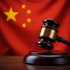 An impactful image featuring the China flag alongside a judge's gavel, symbolizing justice, law, A strong representation of legal authority and regional