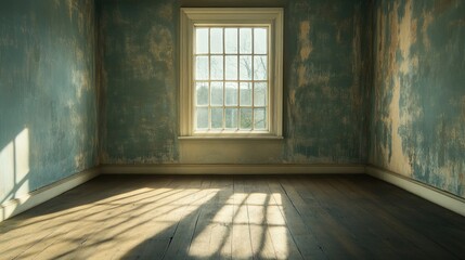An empty, minimalist room with sunlight streaming through a window, casting soft glares on the wooden floor.
