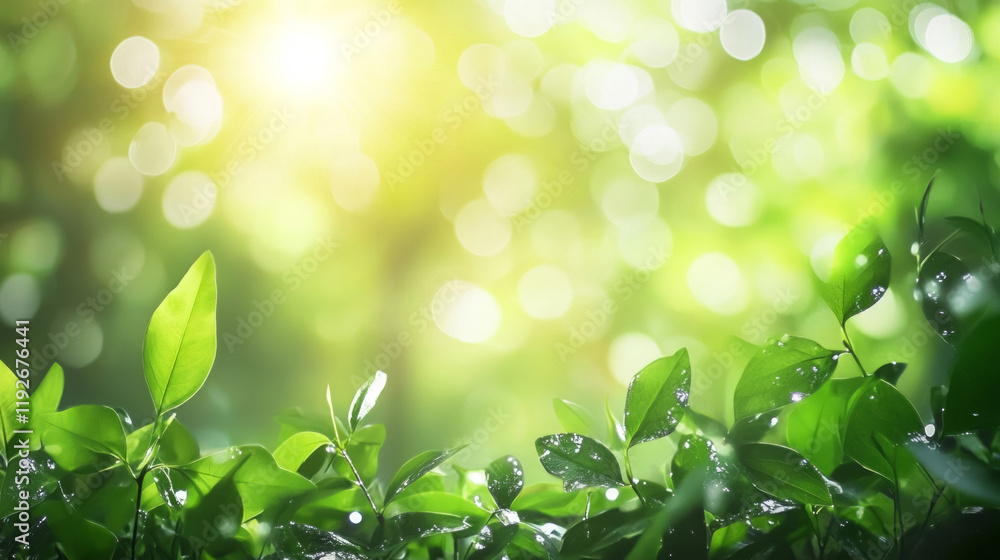 Poster sunlight filters through green leaves creating a vibrant and serene atmosphere in a lush environment