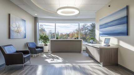 Modern office reception area with stylish furniture and large windows showing trees