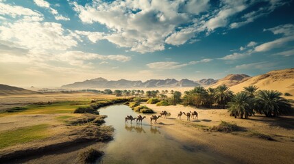 Fototapeta premium A serene desert landscape featuring a river with camels and palm trees under a cloudy sky