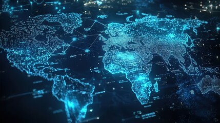 Digital world map with blue glowing points and lines representing global network connections on dark background