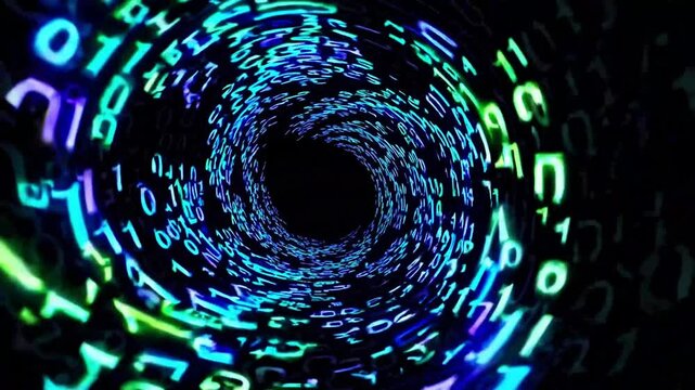 Abstract Tunnel of Glowing Binary Code, Digital Data Stream in Blue and Green Colors, Futuristic Technology Background, Concept of Cyber Space and Data Flow