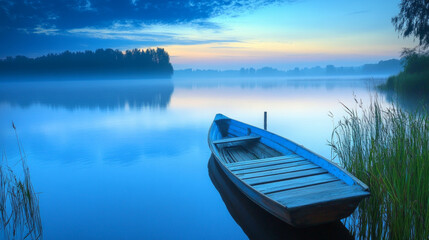 Obraz premium Morning tranquility by the calm waters of a lake with a blue boat resting on the shore