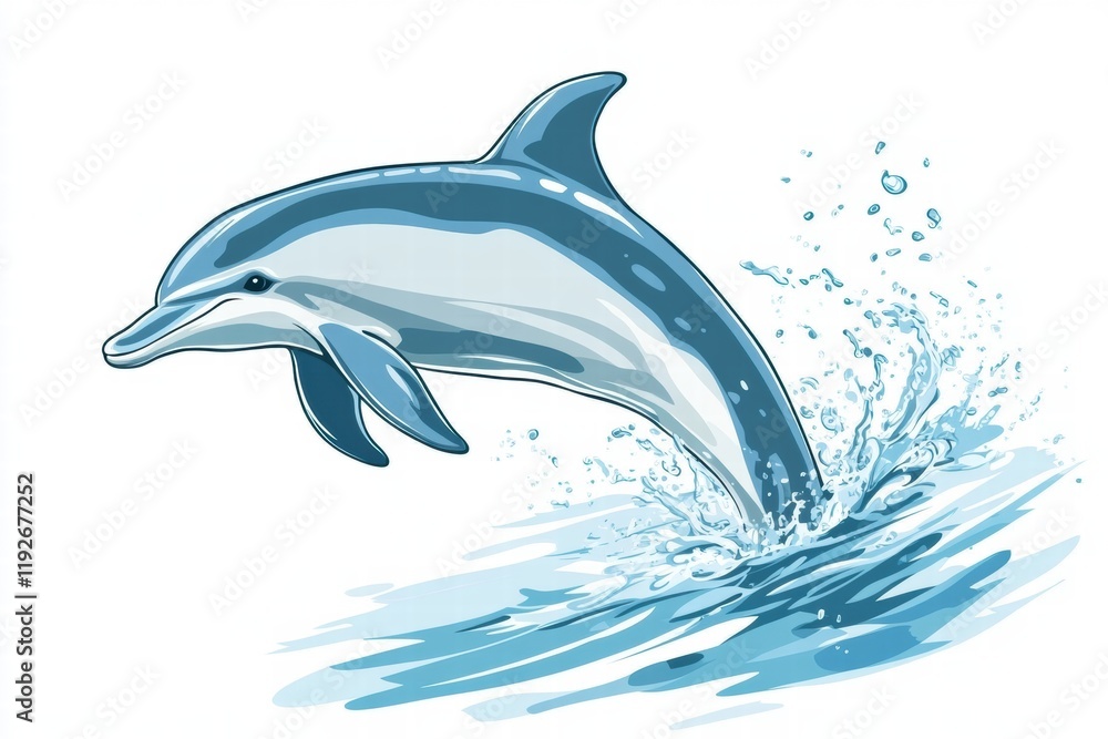 Poster dolphin leaps joyfully above sparkling ocean waves under bright sunny sky. generative ai