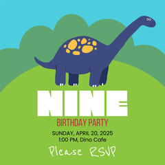 Birthday party invitation with dino. Nine year greeting card template. Vector illustration.