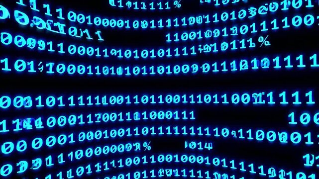 Abstract representation of flowing binary code and digital numbers in a futuristic blue environment, symbolizing technology, data processing, and information transformation