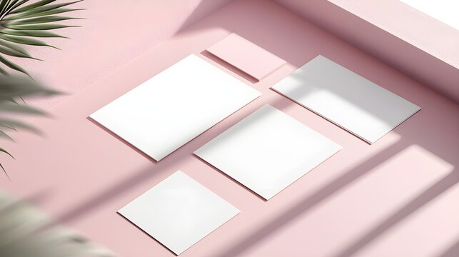 A clean, realistic mockup of a business card and stationery set on a smooth surface, with customizable spaces for logos or designs. The lighting and shadows enhance the three-dimensional look, 