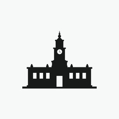 Silhouette of a historical government building with a clock tower.