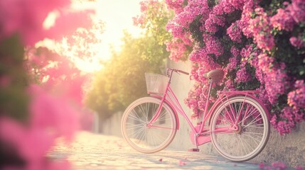Fototapeta premium Pink bicycle leaning against a wall covered in pink flowers at sunset.