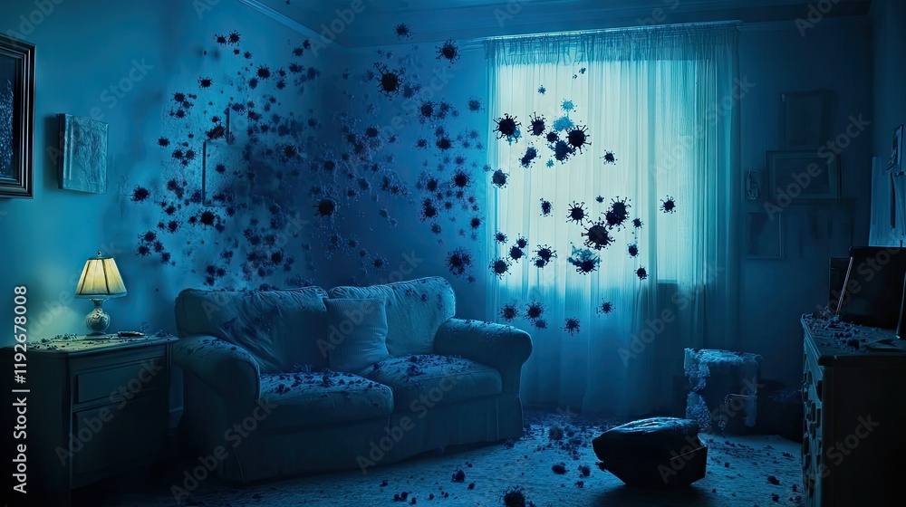 Poster floating blue virus particles in a dimly lit room, creating a visual representation of pathogens in 