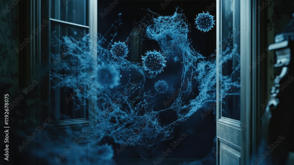 Poster floating blue virus particles in a dimly lit room, creating a visual representation of pathogens in 
