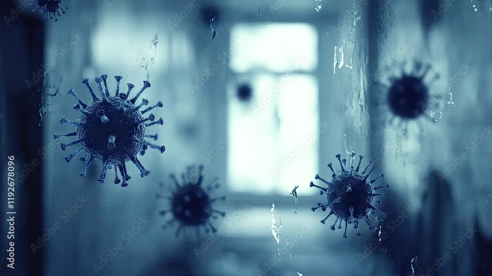 Poster floating blue virus particles in a dimly lit room, creating a visual representation of pathogens in 