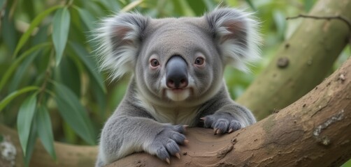 Obraz premium Koala climbing tree with lush green background