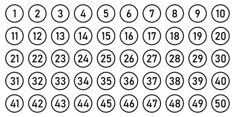 Set of 1 to 50 numbers. Typography set of rounds 1 to 50 Numbers. Numeral typographic line and flat icons set. Bullet point number icons collection. Vector illustration.