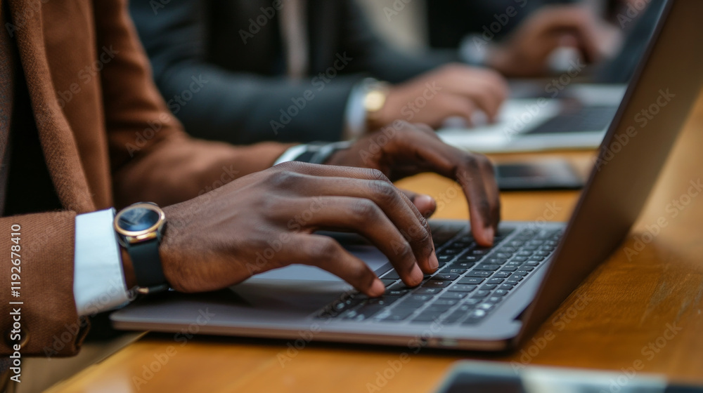 Poster hands typing on a laptop in a busy workspace during a professional setting