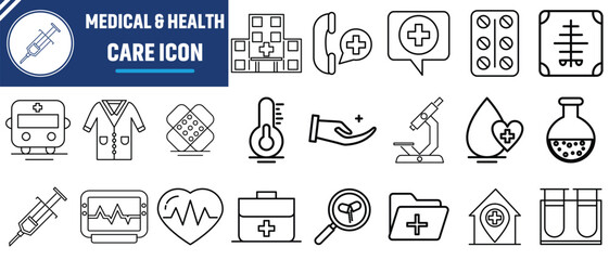 Healthcare and medical line icons set vector illustration. Hospital and medical health care icons set isolated on white background.