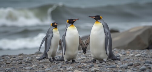Obraz premium Penguins interacting on a rocky beach