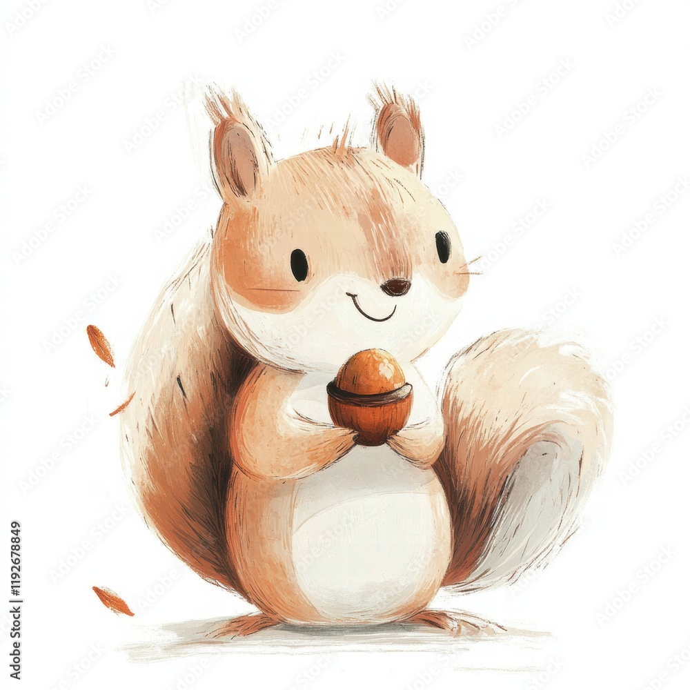 Aufkleber cute squirrel holding an acorn with a happy expression in a whimsical illustration style. generative