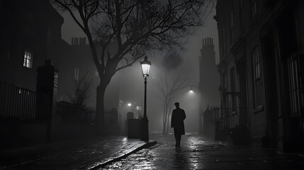 A fog-filled street with the dark outline of a person walking away in the distance, illuminated faintly by dim streetlights. The scene conveys a haunting sense of solitude and the bittersweet 
