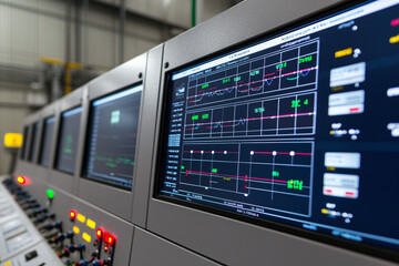 solar monitoring station, wall-mounted screens displaying energy graphs