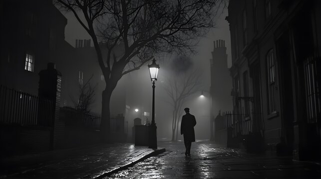 A fog-filled street with the dark outline of a person walking away in the distance, illuminated faintly by dim streetlights. The scene conveys a haunting sense of solitude and the bittersweet 