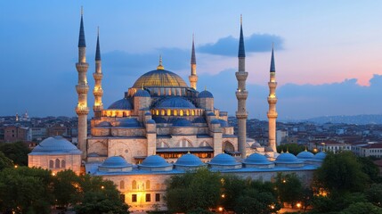 Obraz premium Istanbul Mosque Twilight Cityscape Illuminated Ottoman architecture at dusk, overlooking urban sprawl; ideal for travel brochures