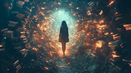 A Young Woman Stepping Into a Glowing Field of Opportunities with Books Lighting Her Path