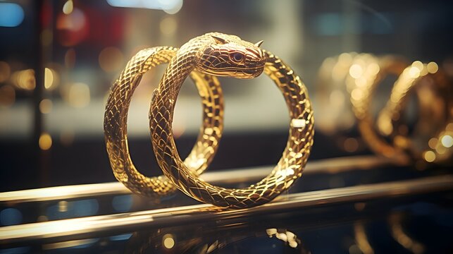Mesmerizing golden snake bracelet elegantly and alluringly displayed in the shop window capturing the attention with its sophisticated shine and enchanting design