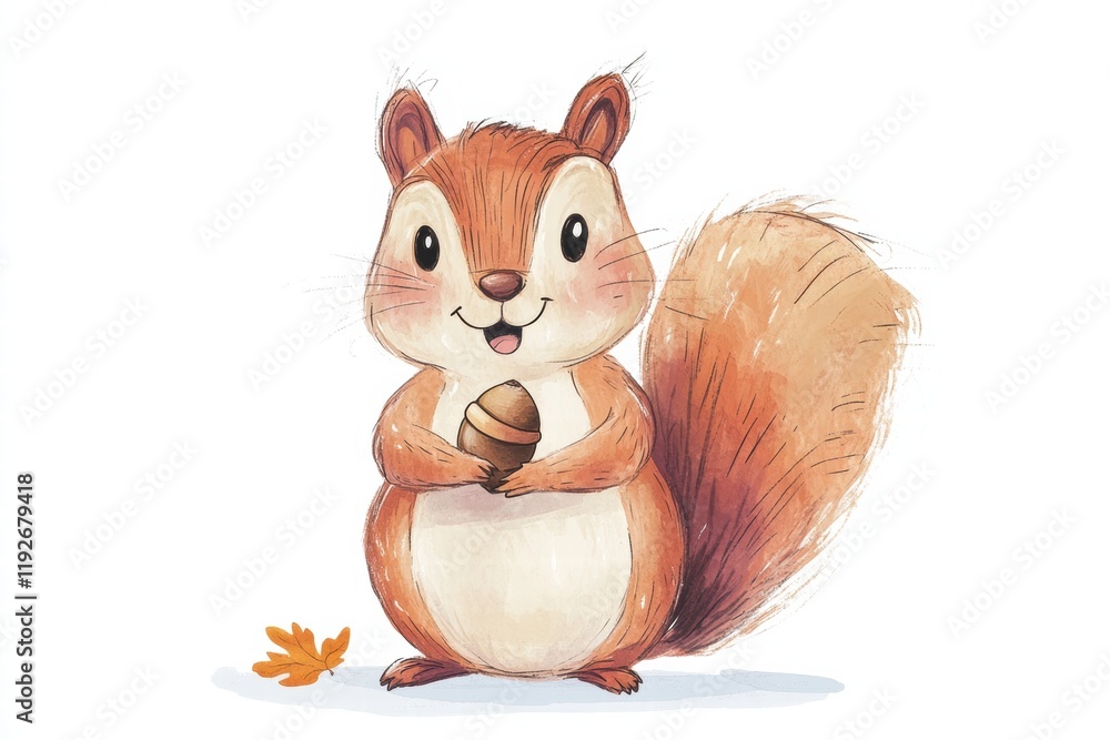 Poster cute cartoon squirrel holding an acorn in autumn with orange leaves around in a bright and cheerful 