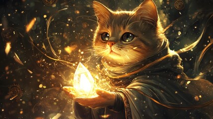 A magical cat wearing a flowing wizard's robe, holding a radiant crystal that emits a soft, otherworldly light. The cat’s eyes gleam with wisdom, and the background is filled with arcane symbols, 