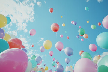 A cheerful scene of colorful balloons floating freely in a bright blue sky with scattered clouds, symbolizing joy, freedom, and celebration.  
