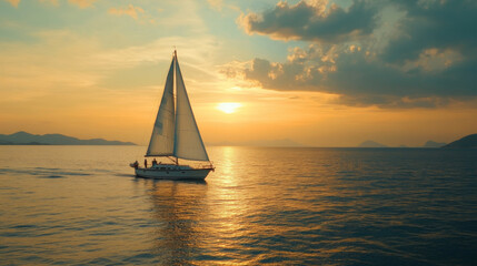 Romantic sailing adventure during sunset on calm waters with beautiful sky and scenic backdrop