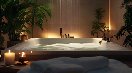 A sparkling clean bathtub in a spa-inspired setting, surrounded by calming elements like fresh green plants, candles, and a plush towel. The soft lighting and pristine surface of the tub create 