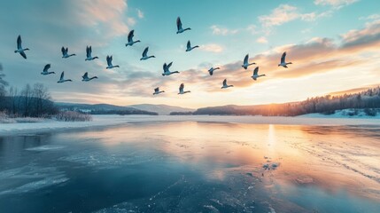 Flock of birds flying over a partially frozen lake at sunset creating a beautiful winter scene