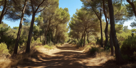A sunlit dirt path winds through a forest of tall pines, casting long shadows across the ground. This serene landscape invites exploration and emphasizes the importance of forest conservation