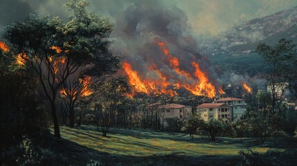 Fototapeta premium A dramatic painting of a wildfire consuming a forested area with homes nearby, creating a fiery scene