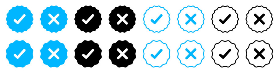 Profile verification with check marks and cross mark icons set blue and black color. Verified and unverified account sign symbol. Silhouette and outline style. Vector illustration.