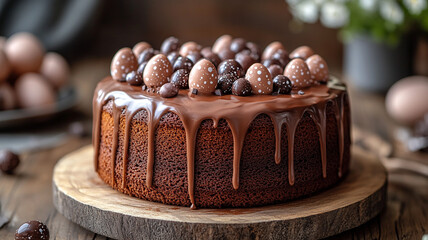 Chocolate Easter bunny. chocolate Easter eggs. Chocolate Easter cake. Easter cake.