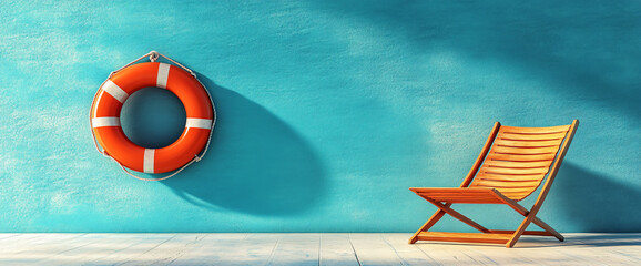 Fototapeta premium A blue wall with a red life preserver hanging on it and a wooden chair placed in front of it. The chair is positioned in a way that it is facing the wall