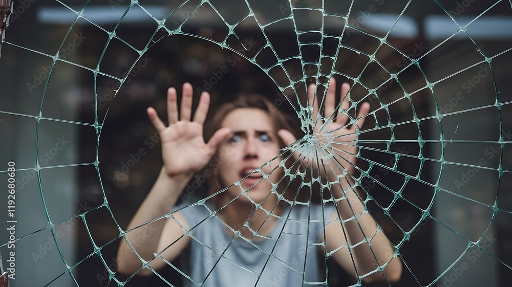 Aufkleber emotive image of a face seen through shattered glass, with outstretched hands and upward-facing palm