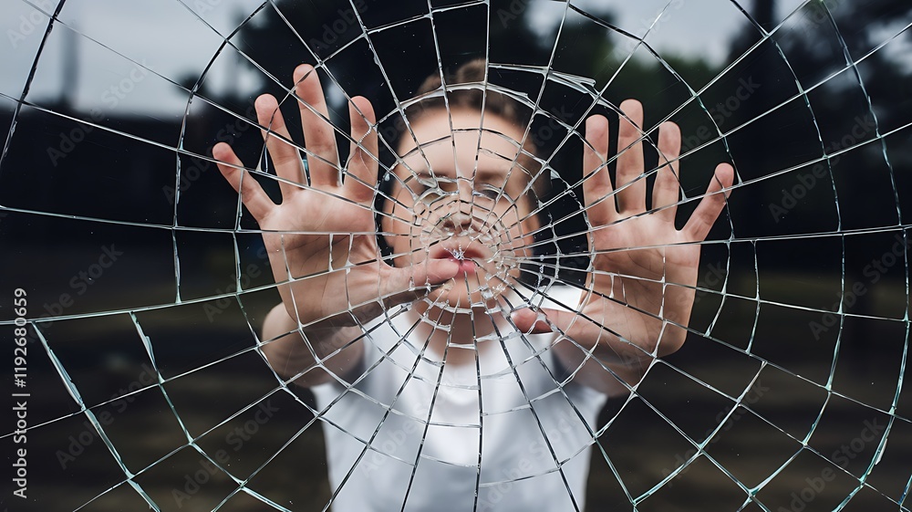 Poster emotive image of a face seen through shattered glass, with outstretched hands and upward-facing palm