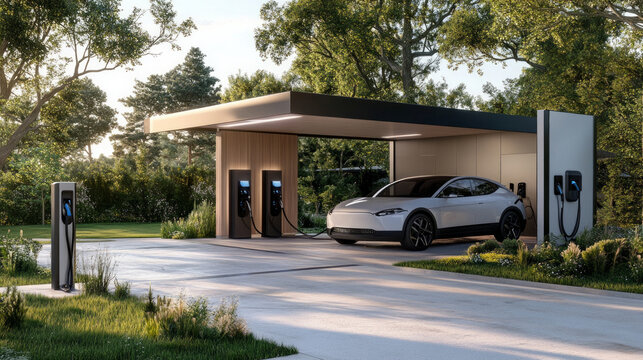 Modern electric car charging station in a serene outdoor setting surrounded by greenery and natural light