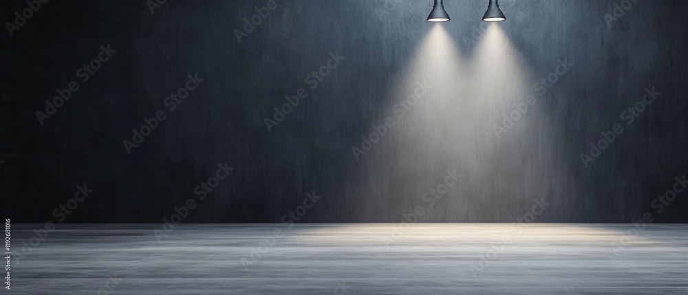 Poster dimly lit studio space with two overhead lights casting shadows on a concrete floor for artistic bac