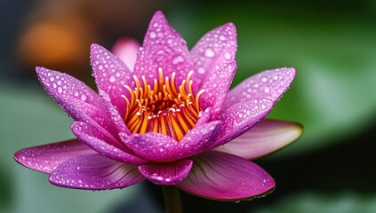 Stunning Pink Lotus Flower with Water Drops and Vibrant Yellow Stamen