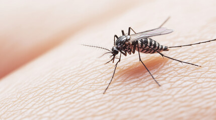 Extreme close up of mosquito on human skin, showcasing its intricate details and textures. This highlights mosquito features and skin surface