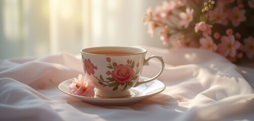 Fototapeta premium Tea cup with floral design on soft fabric