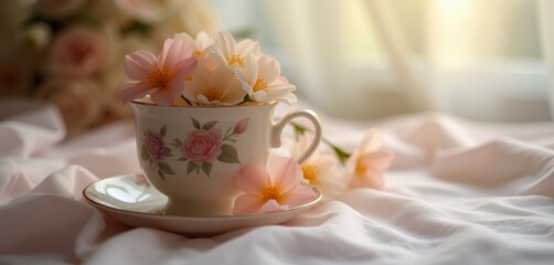 Fototapeta premium Tea cup with floral design on soft fabric