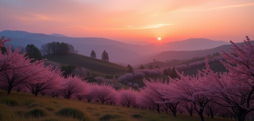 Fototapeta premium Cherry trees at sunrise over rolling hills